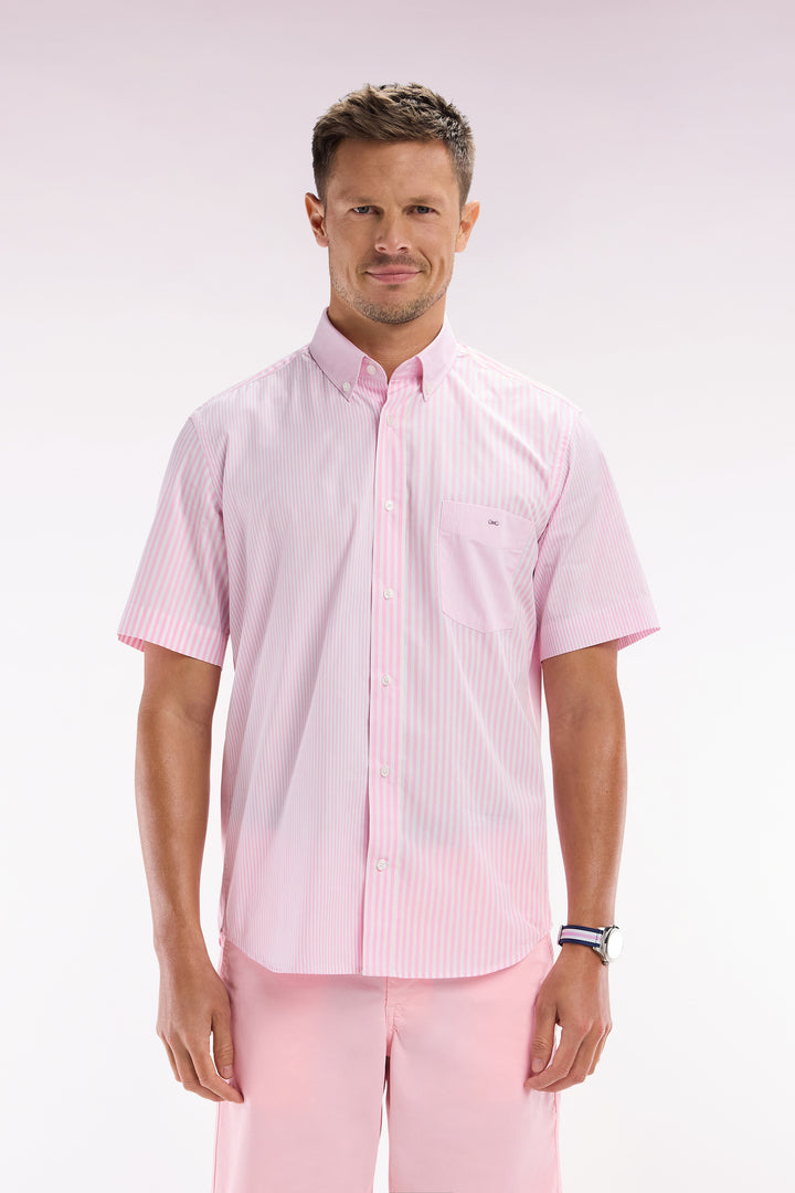 Chemise à manches courtes en popeline de coton rayée rose coupe droite