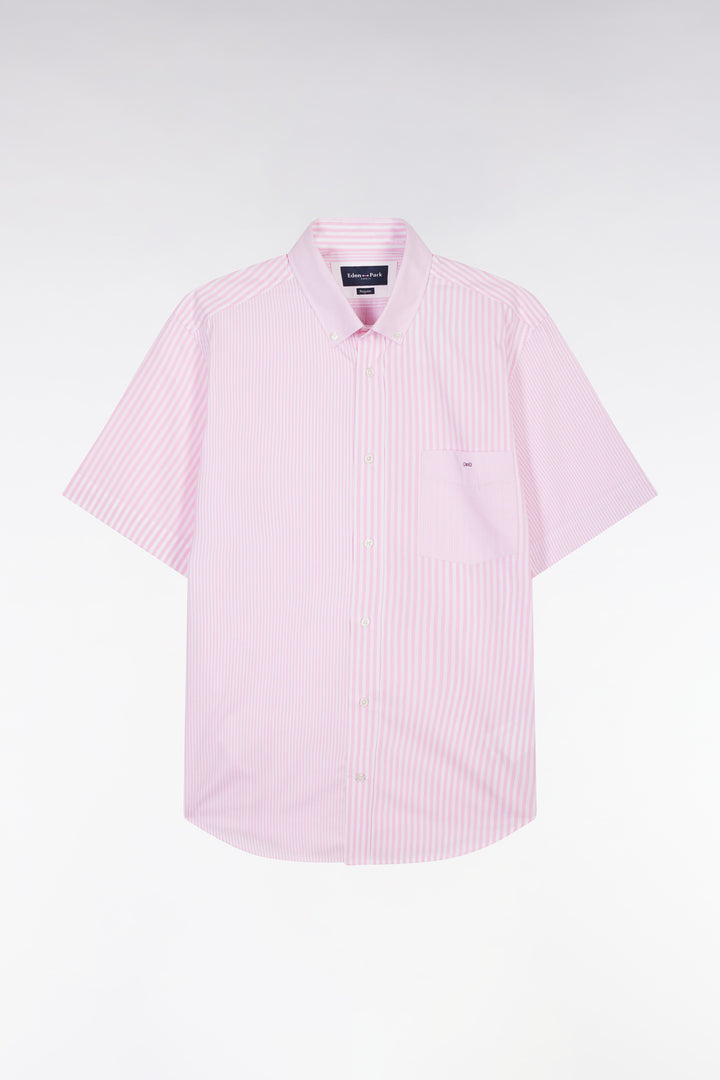 Chemise à manches courtes en popeline de coton rayée rose coupe droite