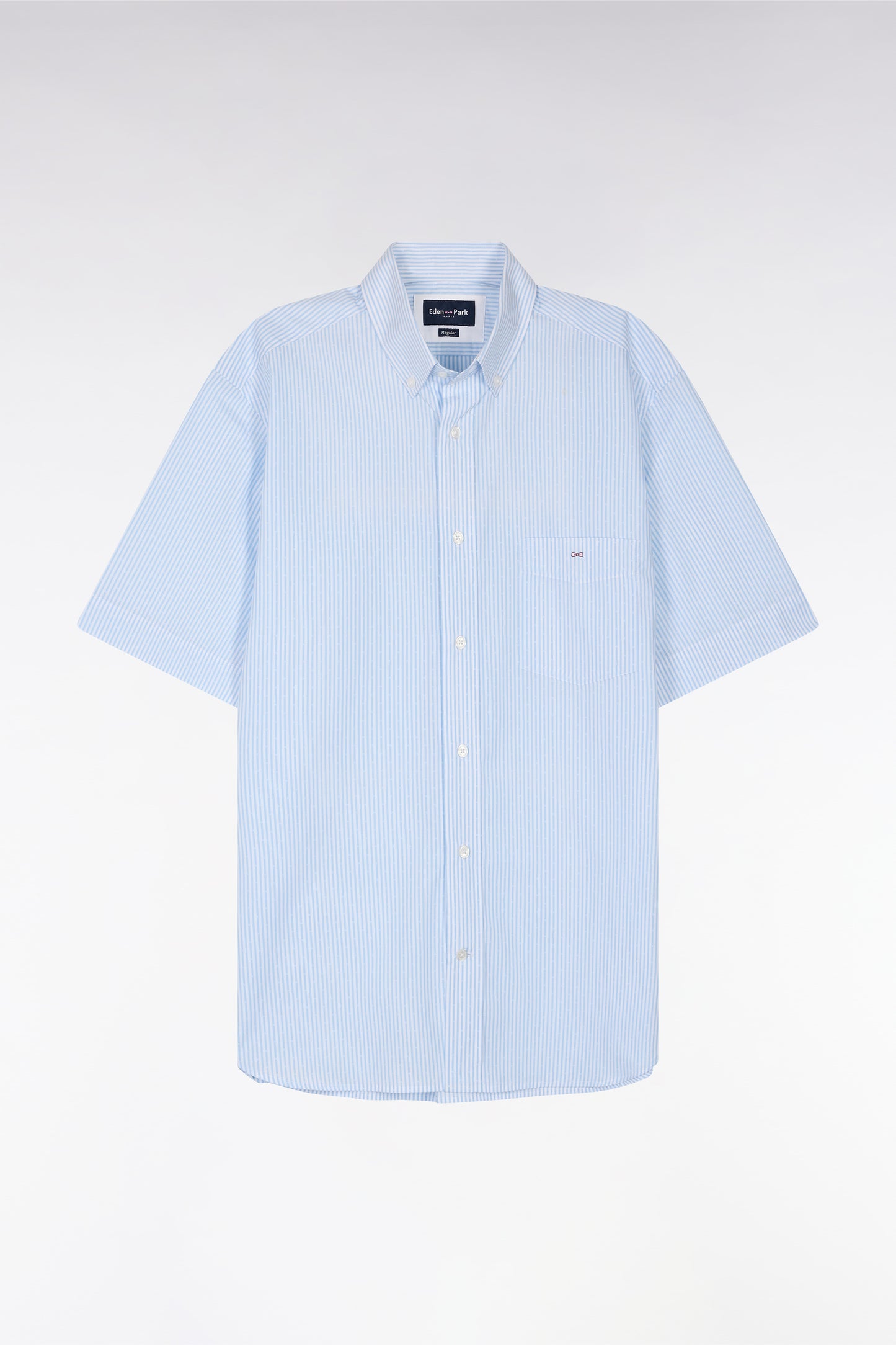 Chemise à manches courtes en coton tissage jacquard rayé ciel coupe droite