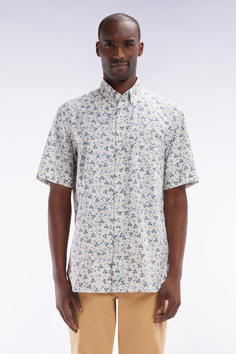 Chemise à manches courtes en popeline de coton écrue imprimé floral bleu gris coupe droite - Image 1