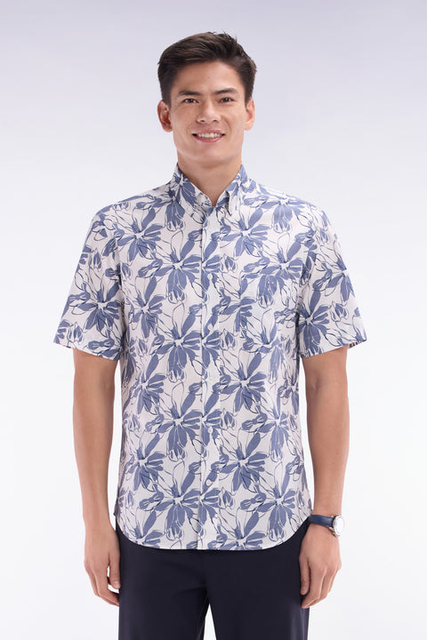 Chemise à manches courtes en popeline de coton blanche imprimé fleurs bleu coupe droite - Image 1