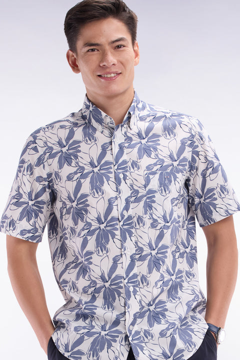 Chemise à manches courtes en popeline de coton blanche imprimé fleurs bleu coupe droite - Image 3