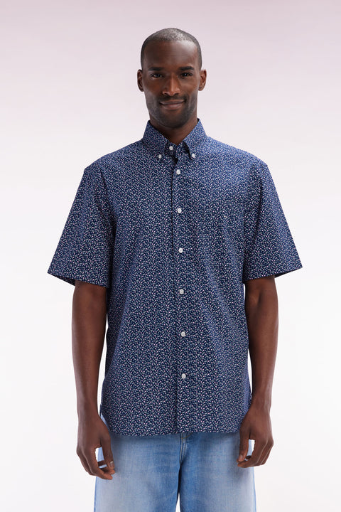 Chemise à manches courtes en popeline de coton marine micromotif nœud papillon coupe droite - Image 1