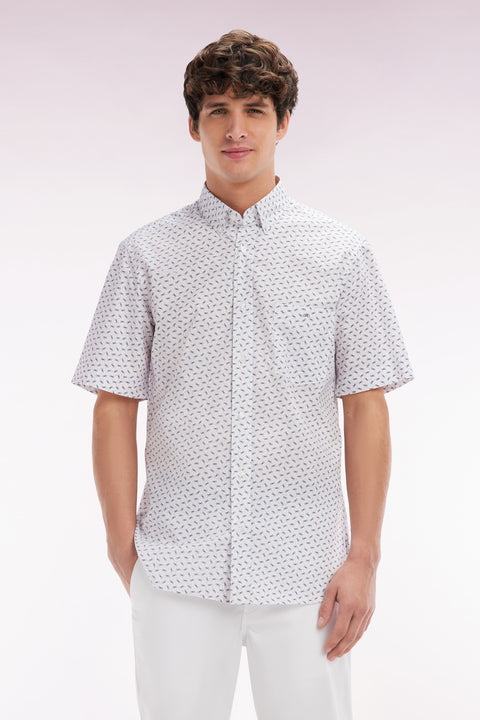 Straight short-sleeved shirt in ecru cotton poplin bow tie micropattern - Image 1