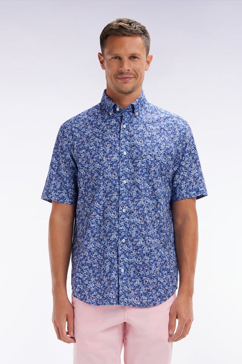 Straight short-sleeved shirt in Pima cotton poplin blue micro floral pattern - Image 1