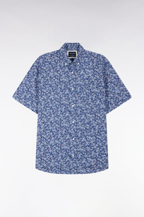 Straight short-sleeved shirt in Pima cotton poplin blue micro floral pattern - Image 2