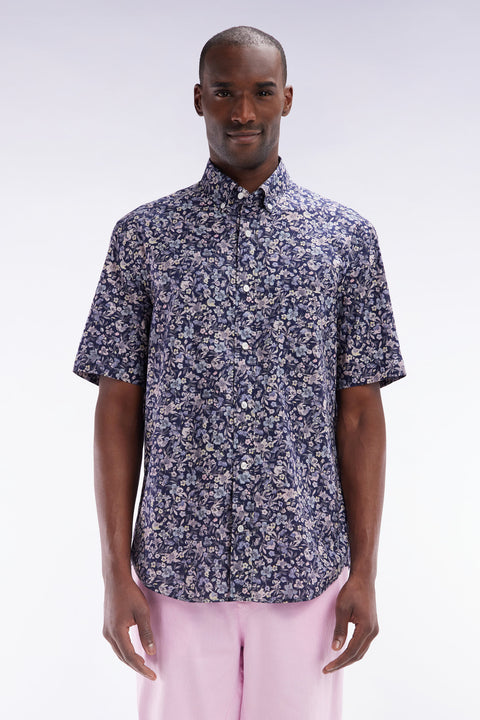 Straight short-sleeved dark grey shirt in Pima cotton poplin floral micropattern - Image 1