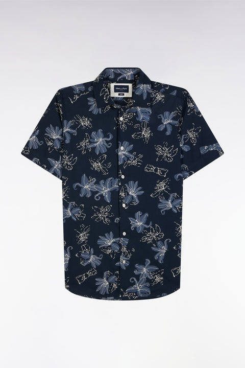 Chemise à manches courtes en coton marine imprimé fleurs coupe ajustée - Image 2