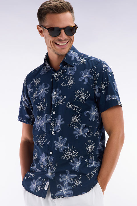 Chemise à manches courtes en coton marine imprimé fleurs coupe ajustée - Image 3
