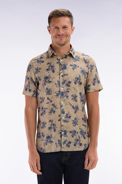 Slim-fit short-sleeved beige linen shirt with grey floral print - Image 1