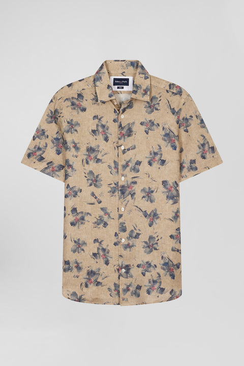 Slim-fit short-sleeved beige linen shirt with grey floral print - Image 2