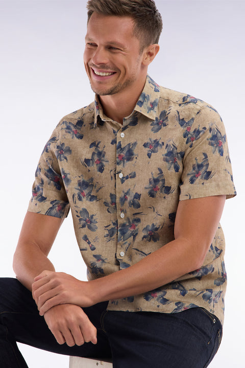 Slim-fit short-sleeved beige linen shirt with grey floral print - Image 3
