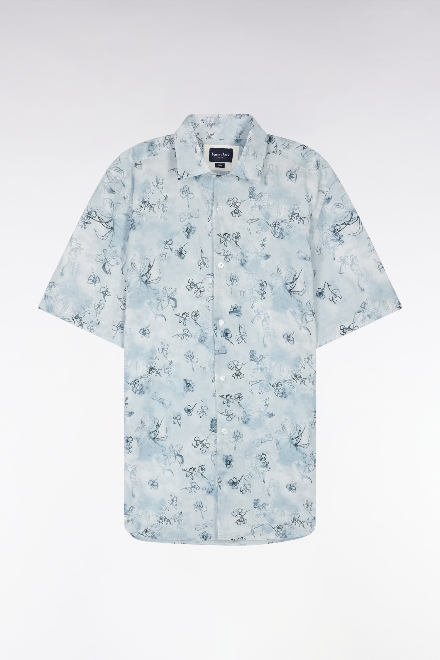 Chemise à manches courtes en coton bleu-gris à imprimé floral coupe ajustée