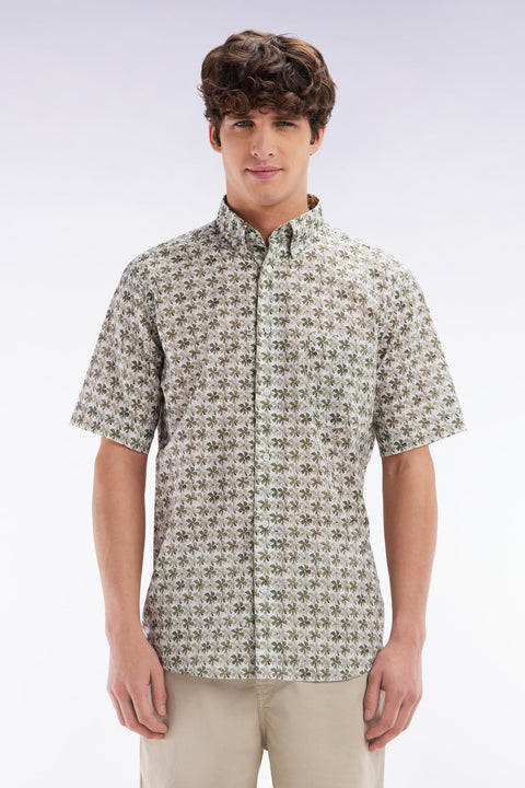 Chemise à manches courtes en coton kaki imprimé fleurs graphique coupe droite - Image 1