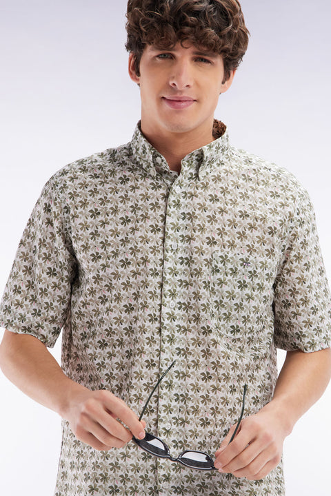 Chemise à manches courtes en coton kaki imprimé fleurs graphique coupe droite - Image 3