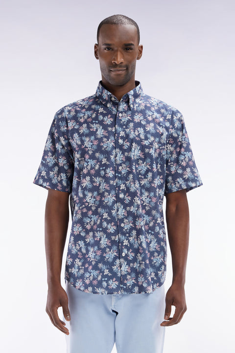 Chemise à manches courtes en coton marine imprimé fleurs coupe droite - Image 1