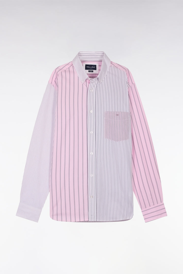 Chemise à rayures bâtons en popeline de coton rose coupe droite