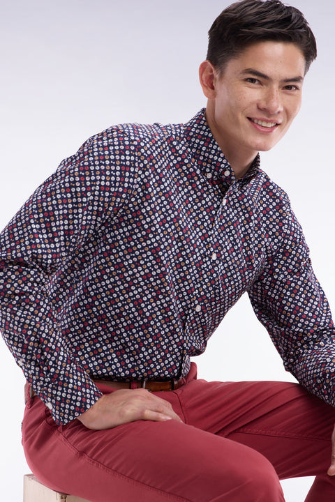 Straight-fit navy cotton poplin shirt with red microprint - Image 3