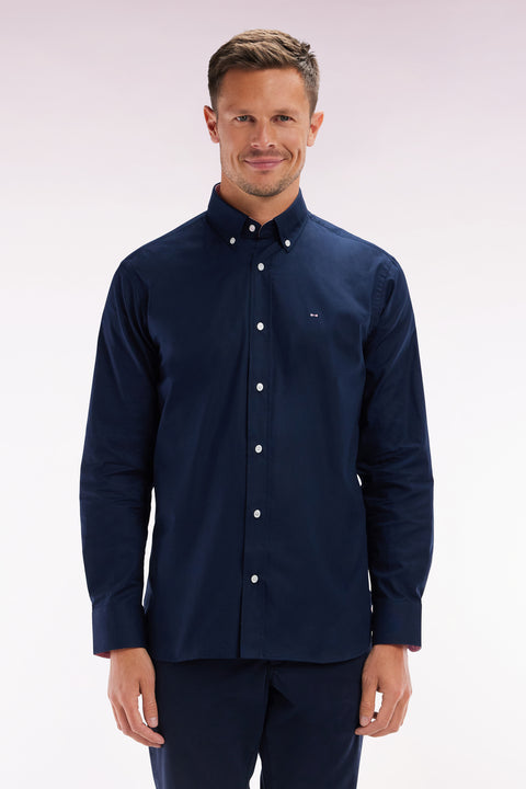 Chemise en coton pinpoint marine broderie dos coupe droite - Image 1