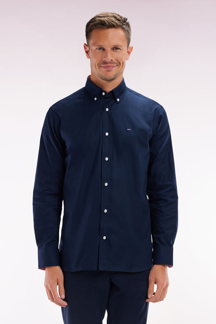 Chemise en coton pinpoint marine broderie dos coupe droite