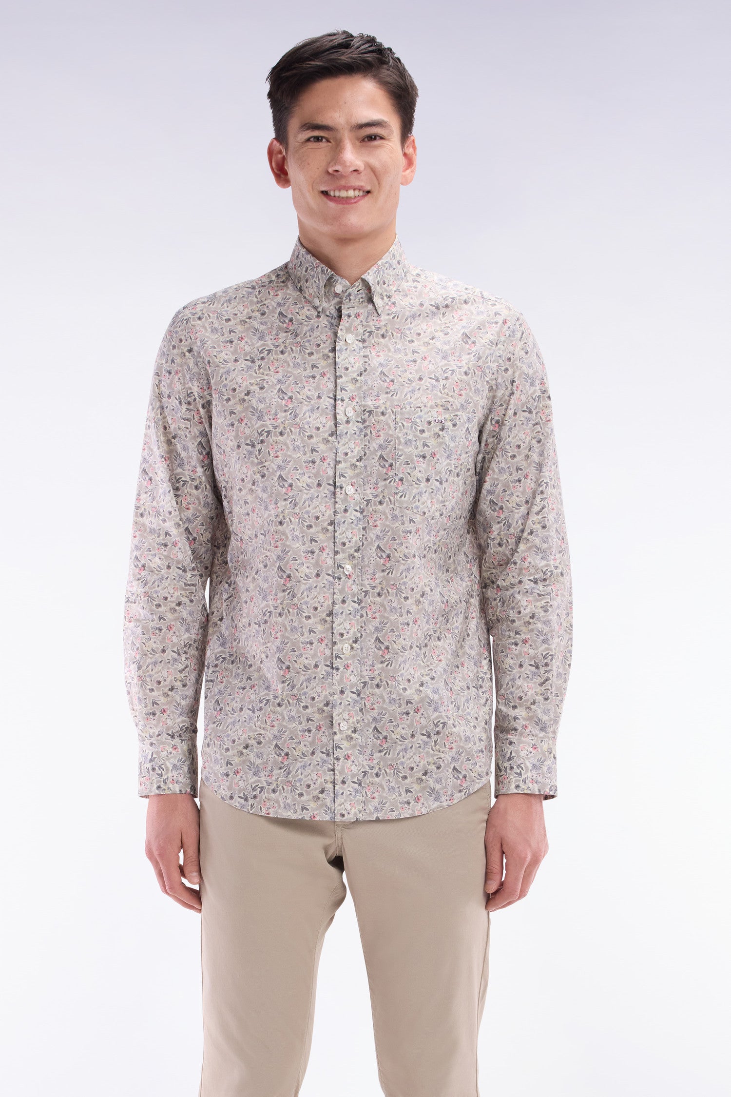 Chemise en popeline de coton Pima kaki à micromotif floral coupe droite