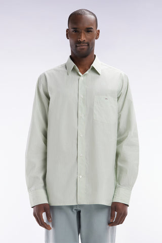 Straight-fit green and white striped cotton shirt
