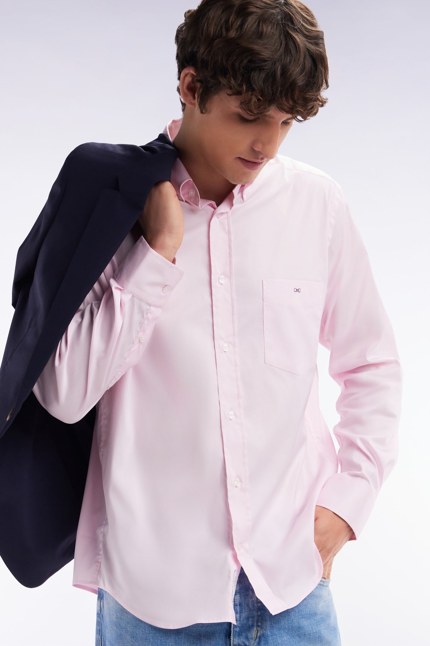 Chemise en twill de coton rose unie coupe droite