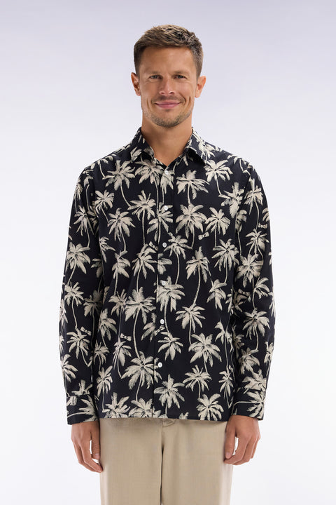 Straight-fit black cotton shirt with palm tree print - Image 1