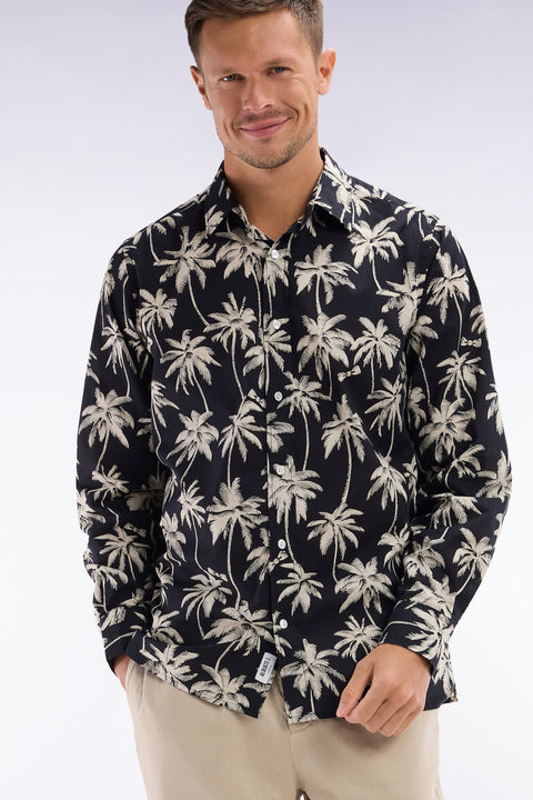 Straight-fit black cotton shirt with palm tree print - Image 3