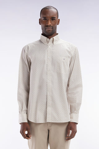 Straight-fit cotton poplin shirt with beige graphic microprint