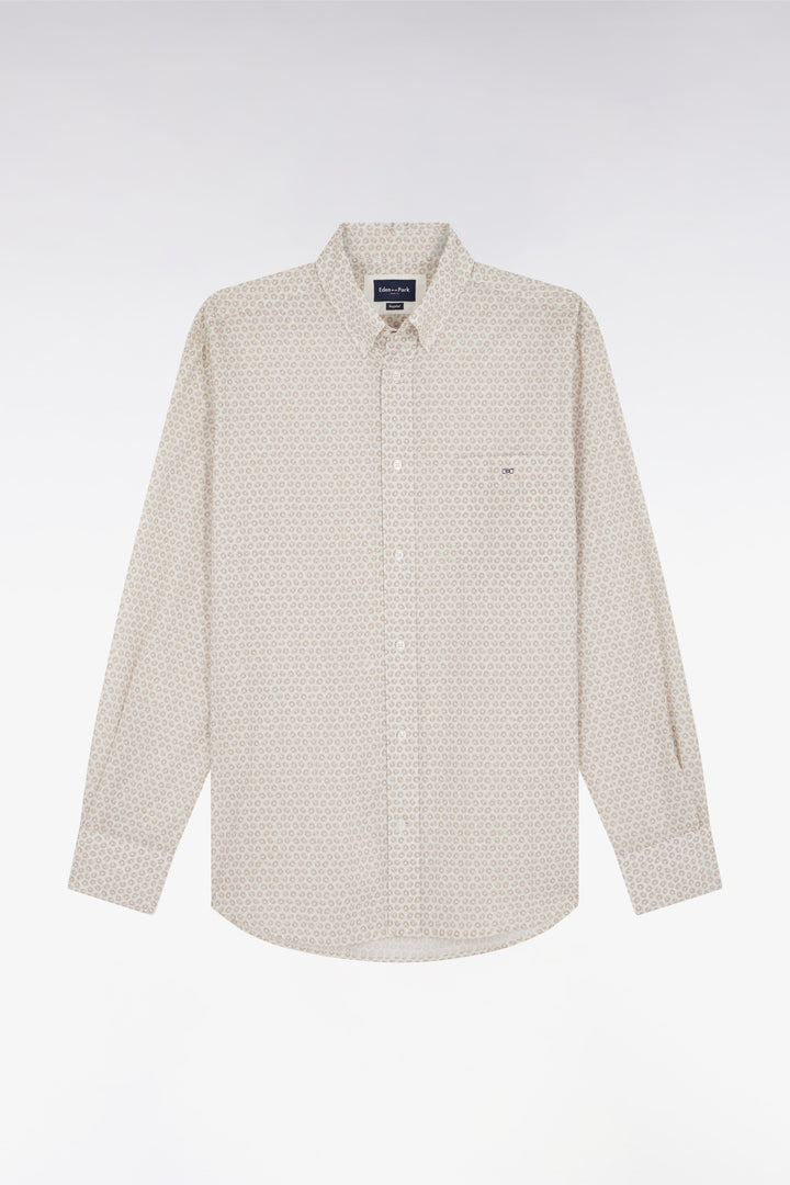 Chemise en popeline de coton à microimprimé graphique beige coupe droite