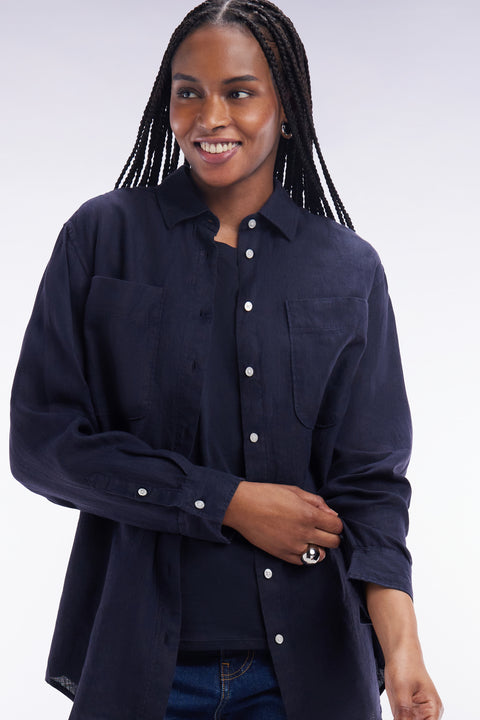 Oversized navy linen shirt with patch pockets - Image 1
