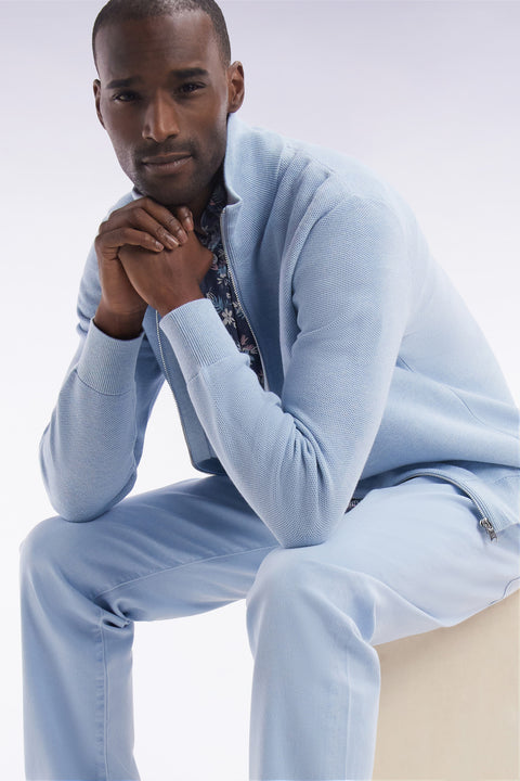 Straight-fit zipped sky blue honeycomb cotton cardigan - Image 3