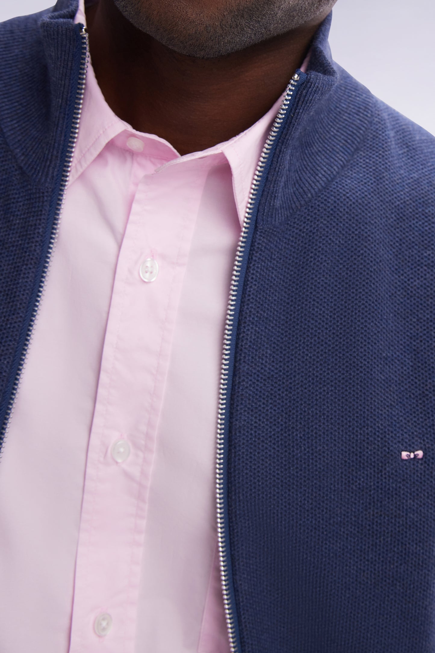 Straight-fit zipped navy honeycomb cotton cardigan