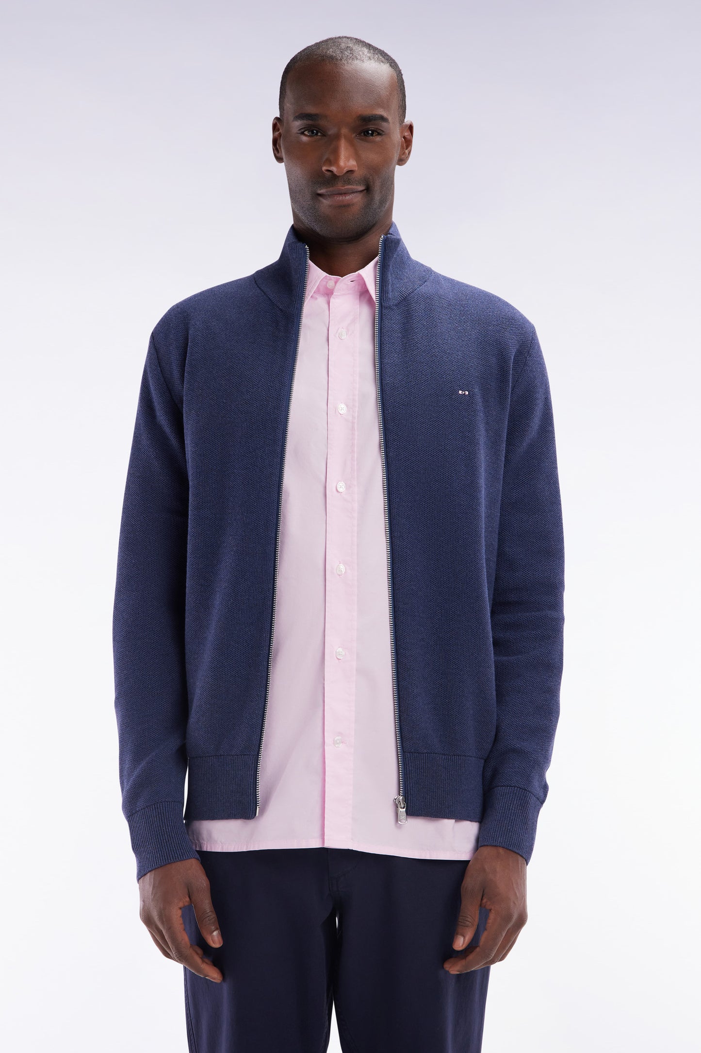 Straight-fit zipped navy honeycomb cotton cardigan