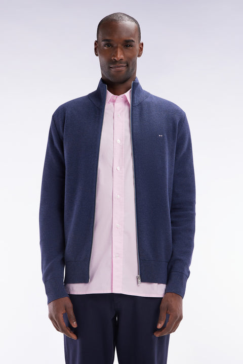 Straight-fit zipped navy honeycomb cotton cardigan - Image 1