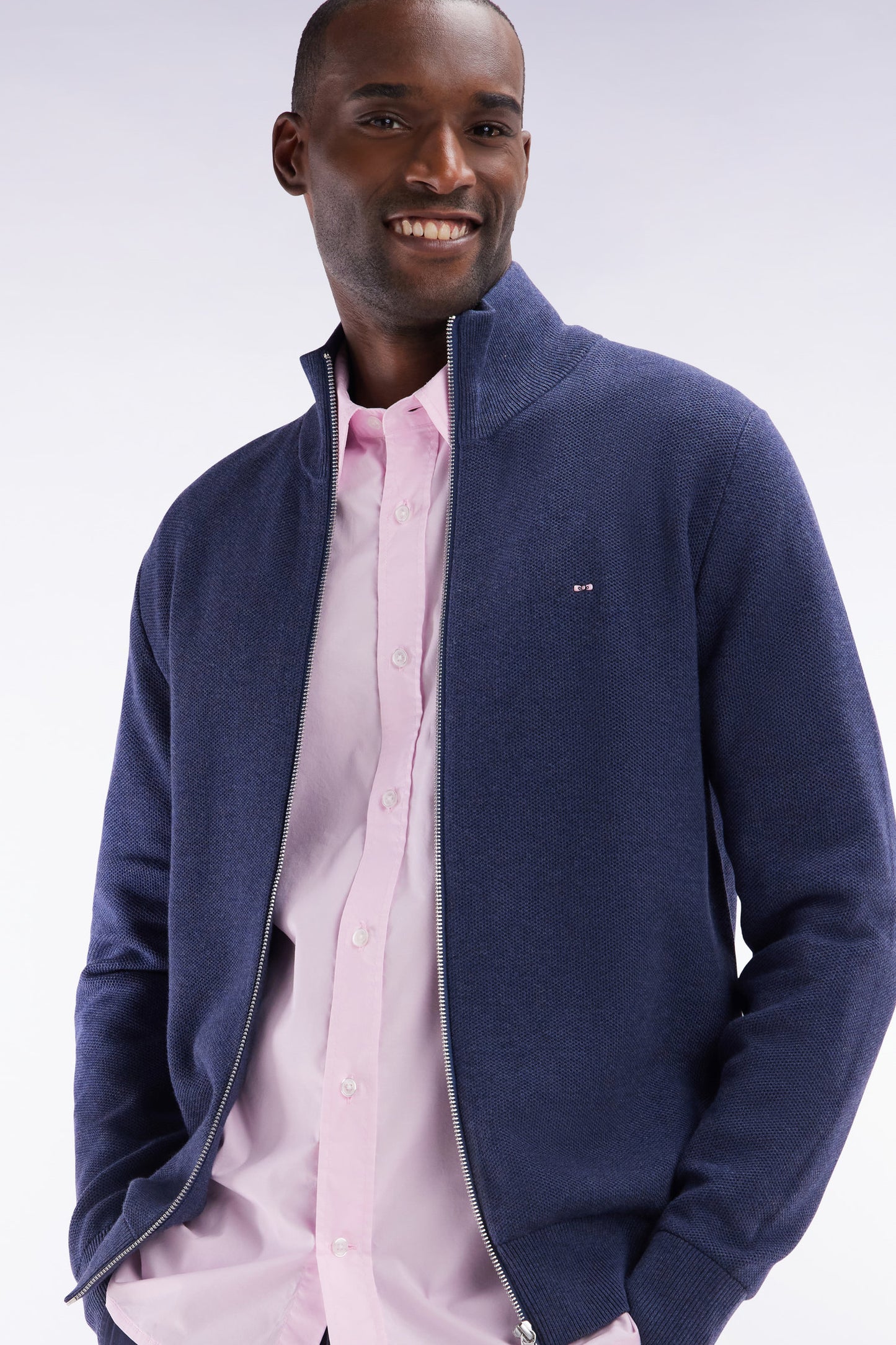 Straight-fit zipped navy honeycomb cotton cardigan