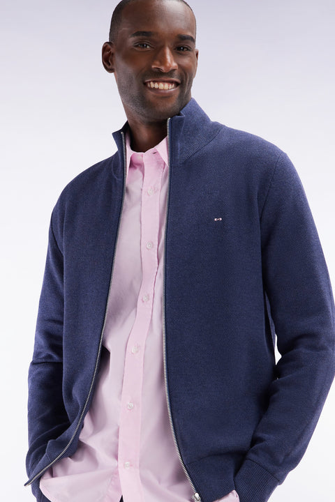 Straight-fit zipped navy honeycomb cotton cardigan - Image 3