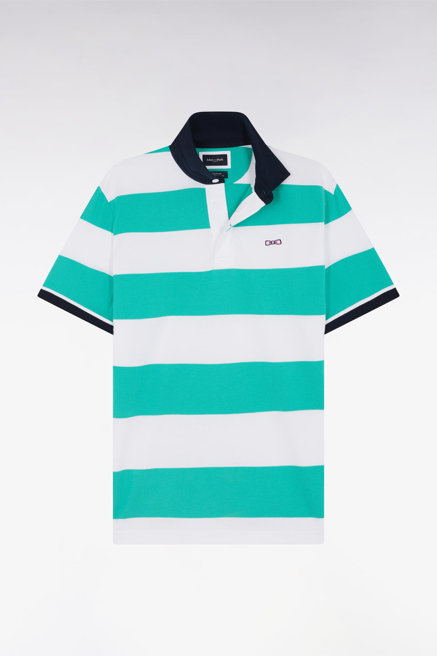 Maillot à manches courtes en coton Pima cerclé vert et blanc coupe droite