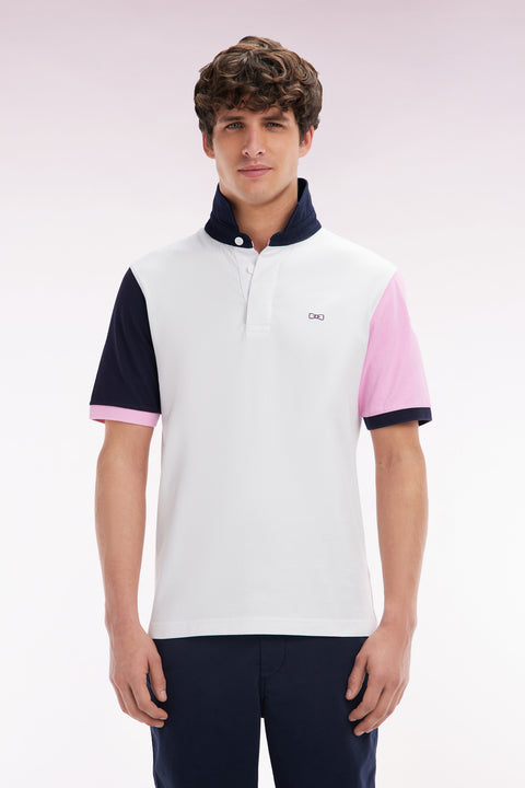 Short-sleeved rugby shirt in white cotton jersey with two-tone sleeves - Image 1