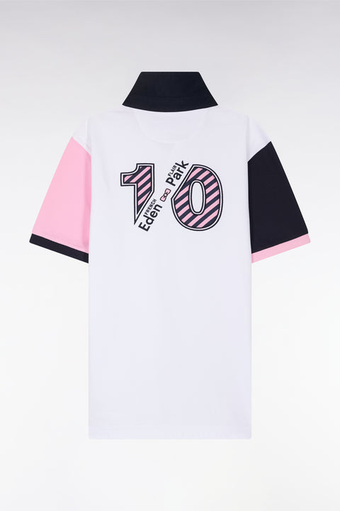 Short-sleeved rugby shirt in white cotton jersey with two-tone sleeves - Image 2