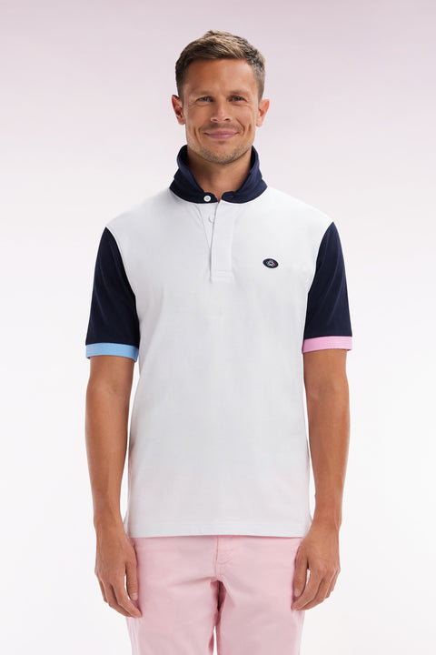 Short-sleeved rugby shirt in white cotton jersey with back embroidery - Image 1