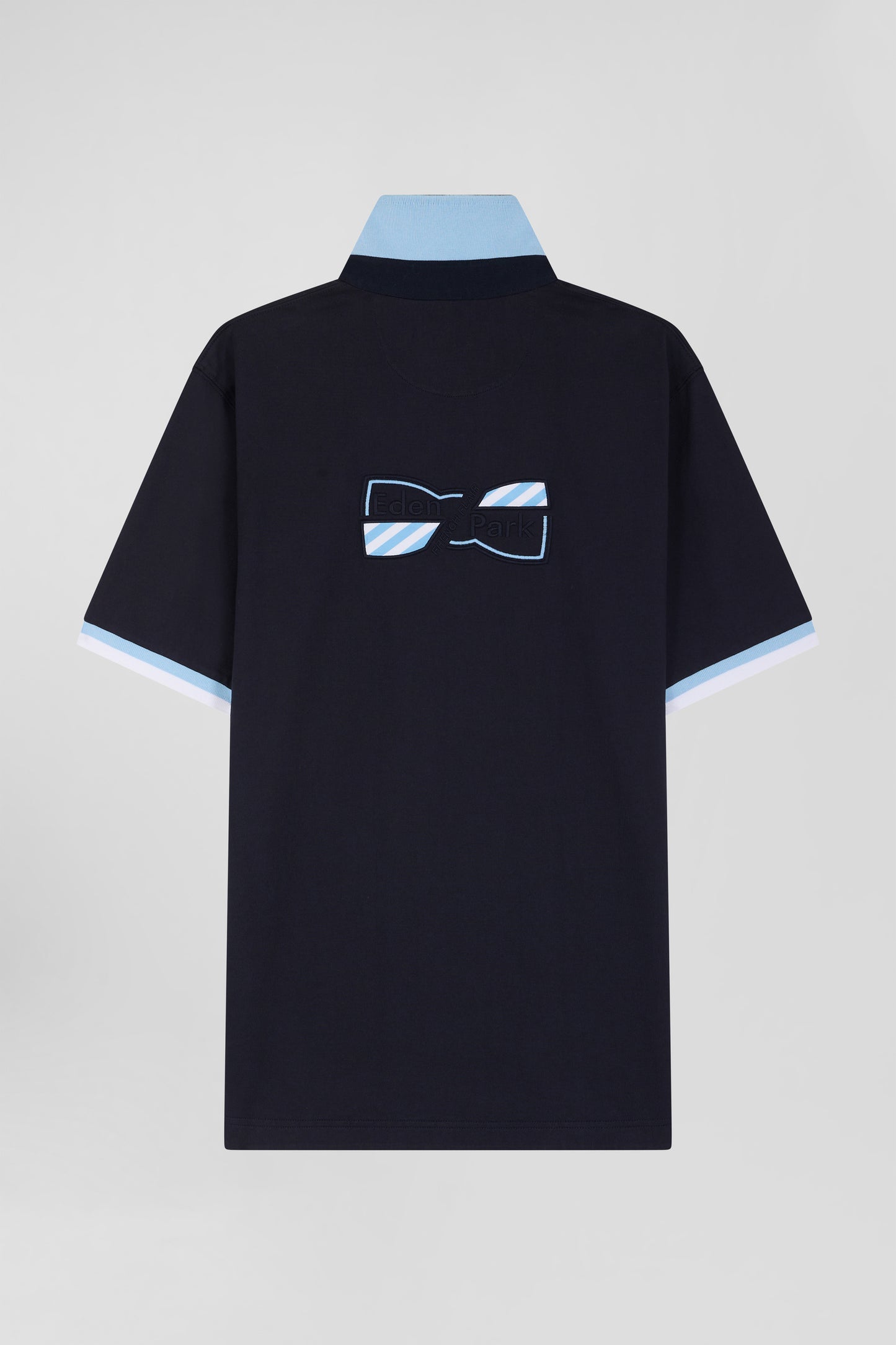 Straight-cut short-sleeved rugby shirt in navy cotton jersey with bow tie embroidery