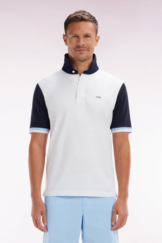 Straight-cut short-sleeved rugby shirt in navy and white cotton with back embroidery