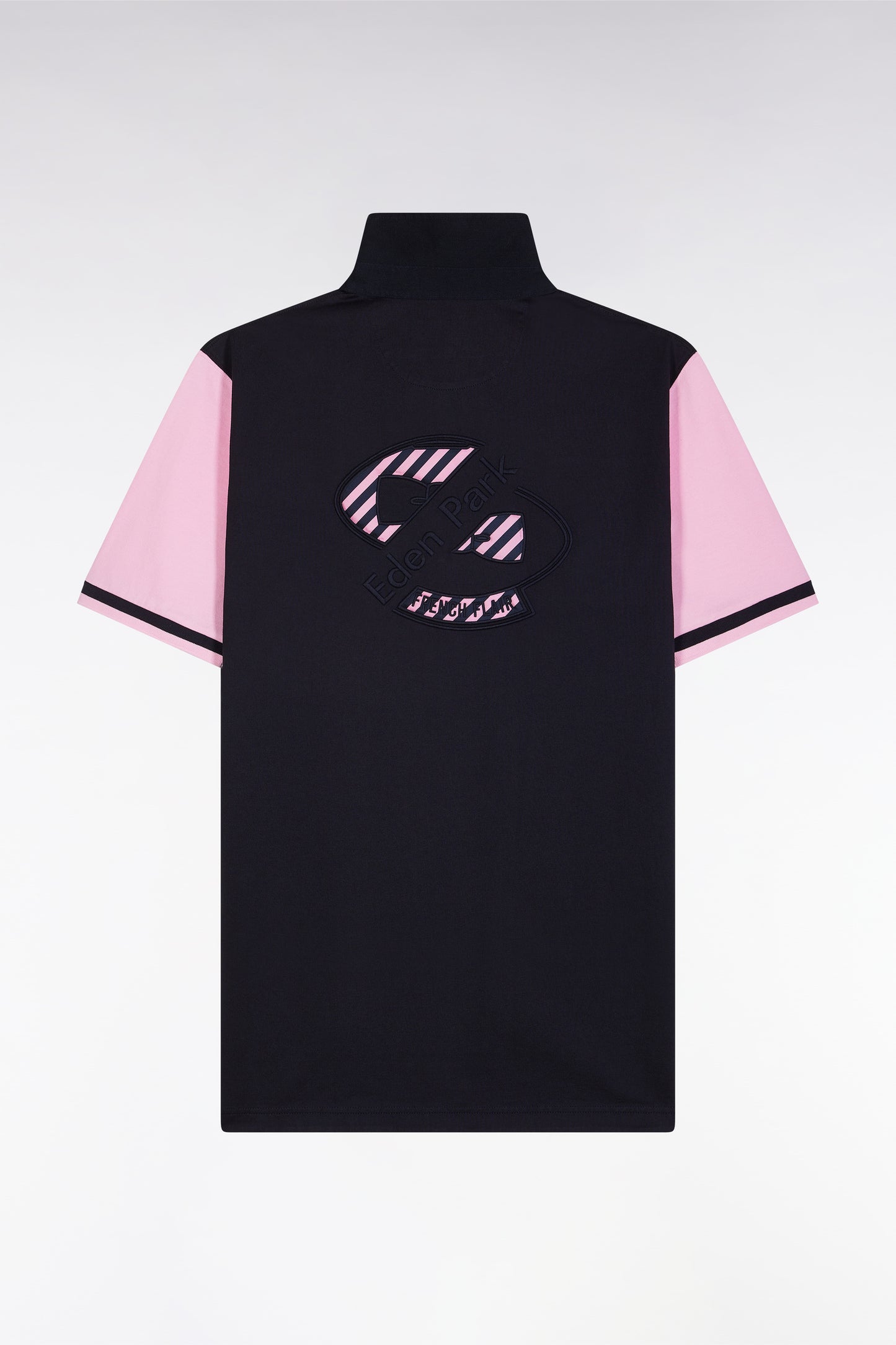 Straight-cut short-sleeved rugby shirt in navy and pink cotton with back embroidery