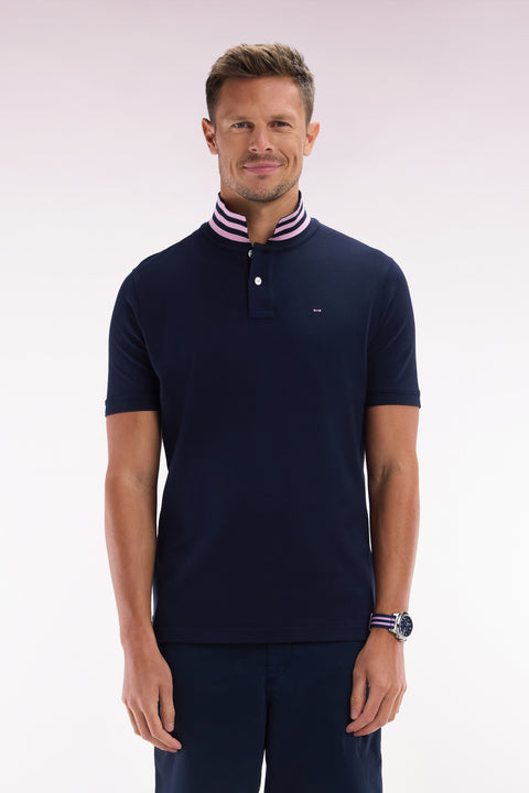 Polo à manches courtes en piqué de coton Pima marine dessous de col cerclé coupe droite - Image 1