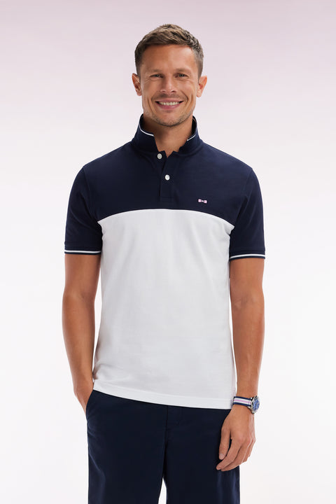 Straight-fit short-sleeved polo shirt in white cotton piqué with jacquard collar - Image 1
