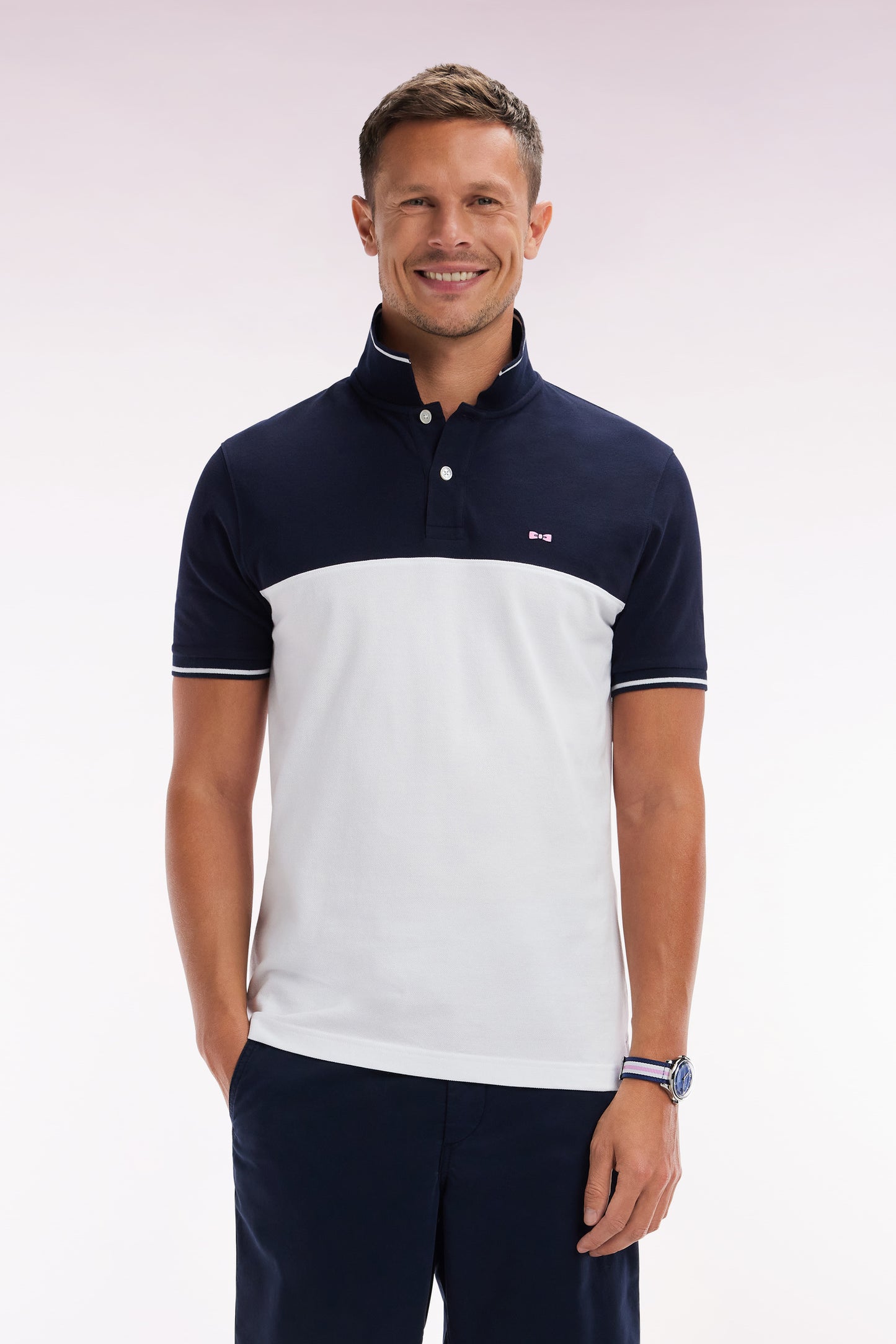 Polo à manches courtes en piqué coton blanc col jacquard coupe droite