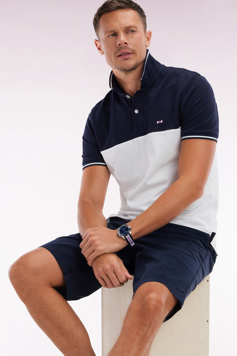 Straight-fit short-sleeved polo shirt in white cotton piqué with jacquard collar - Image 3