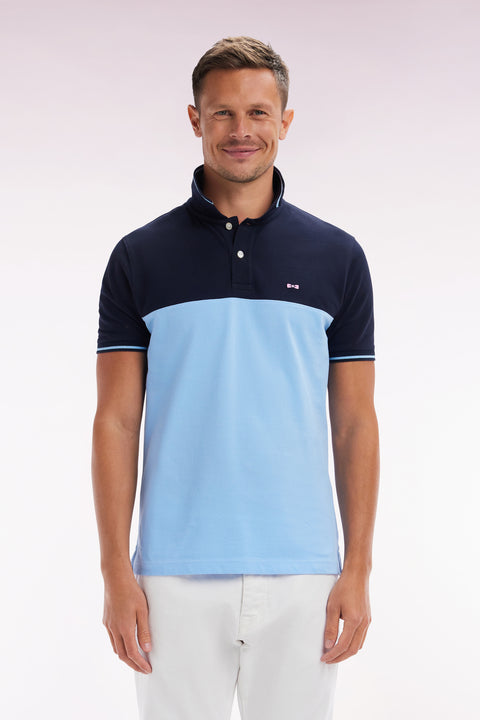 Straight-fit short-sleeved polo shirt in sky blue cotton piqué with jacquard collar - Image 1